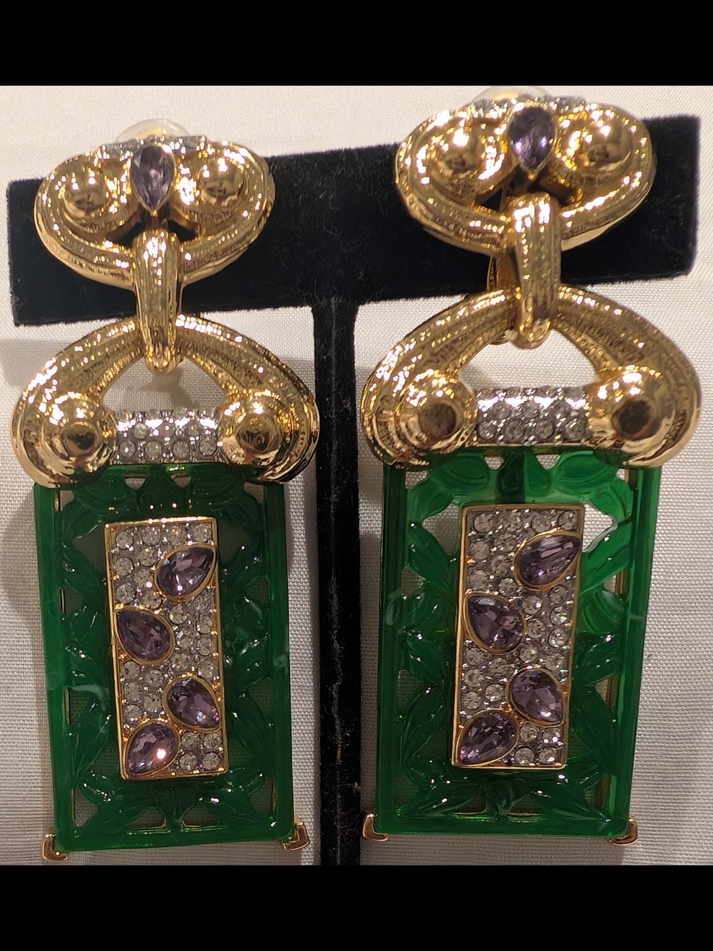 Catwalk Jon Gold-Tone Green Resin Drop Earrings with Purple Crystal Accents